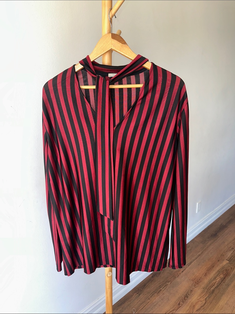 Zara Women’s Red and Black Striped Tie-Neck Top (Set)